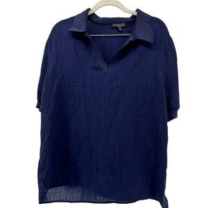 Current‎ Air Polo Shirt Ribbed Knit Short Sleeve Crepe Collared Top Navy Blue M
